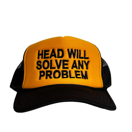 Head Will Solve Any Problem Vintage Orange Black Mesh Trucker SnapBack Hat Cap Custom Embroidery