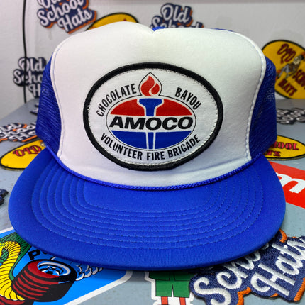 Custom Chocolate Bayou Volunteer Fire Brigade Amoco Gasoline Oil Vintage Blue Trucker Mesh Snapback Hat Cap