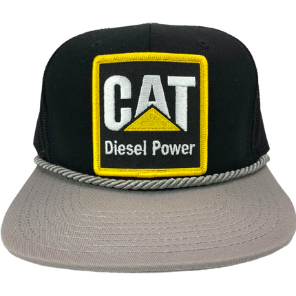 Custom CAT Caterpillar patch Vintage Black Crown Gray Brim Snapback Hat Cap with Gray Rope