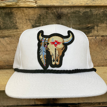 Custom Bull Skull Black Rope White Snapback Cap Hat