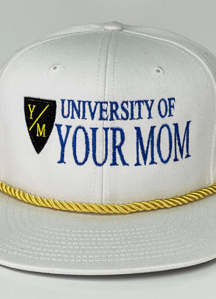 University of Your Mom Vintage White Snapback Hat Cap with Rope Custom Embroidered