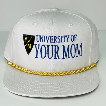 University of Your Mom Vintage White Snapback Hat Cap with Rope Custom Embroidered