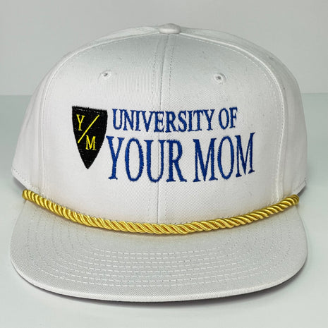University of Your Mom Vintage White Snapback Hat Cap with Rope Custom Embroidered