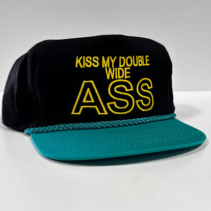 Kiss My Double Wide Ass on a Vintage Black Crown Teal Brim with Rope SnapBack Hat Cap Custom Embroidery Chris Chapman