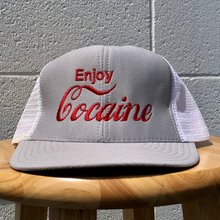 Enjoy Cocaine embroidered Custom Embroidered gray and white snapback made in USA cap hat