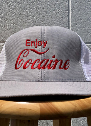Enjoy Cocaine embroidered Custom Embroidered gray and white snapback made in USA cap hat