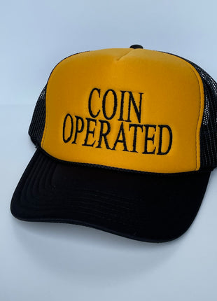 Coin Operated Black Mesh Yellow Crown Trucker Snapback Cap Hat Custom Embroidery