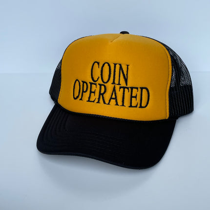 Coin Operated Black Mesh Yellow Crown Trucker Snapback Cap Hat Custom Embroidery