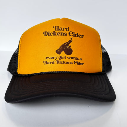 Hard Dickens Cider Funny Inappropriate Trucker Hat Yellow Foam Black Mesh SnapBack Cap Custom Printed