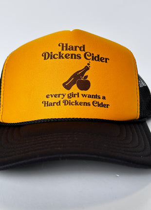 Hard Dickens Cider Funny Inappropriate Trucker Hat Yellow Foam Black Mesh SnapBack Cap Custom Printed