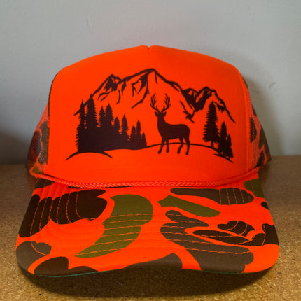 Custom Deer Hunting Scenery Vintage Foam Bright Orange Camo Hunter Mesh Trucker Snapback Cap Hat Custom ￼Print
