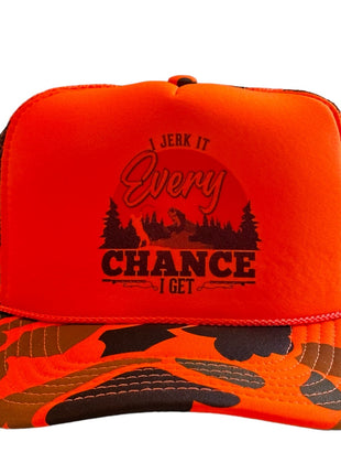 I JERK IT EVERY CHANCE I GET Funny Fishing Orange CAMO SnapBack Mesh Trucker Cap Hat Custom Printed