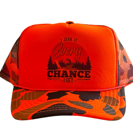 I JERK IT EVERY CHANCE I GET Funny Fishing Orange CAMO SnapBack Mesh Trucker Cap Hat Custom Printed