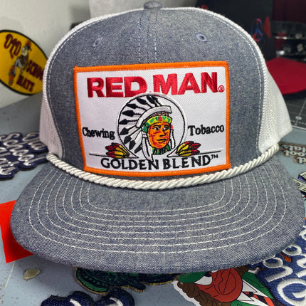 Custom Golden Blend Redman Chewing Tobacco patch Vintage Gray Denim like Mesh Snapback Hat Cap with Rope