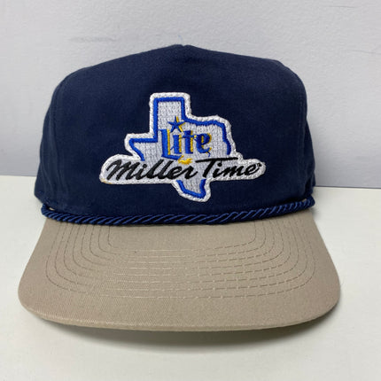 Custom Lite Miller Time patch Vintage Khaki Brim Navy Crown Strapback Hat Cap with Navy Rope