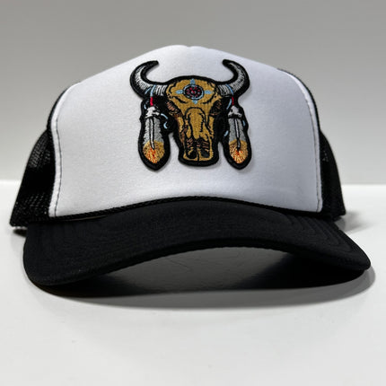 Custom cow Bull Skull patch on a black mesh Trucker SnapBack Hat Cap