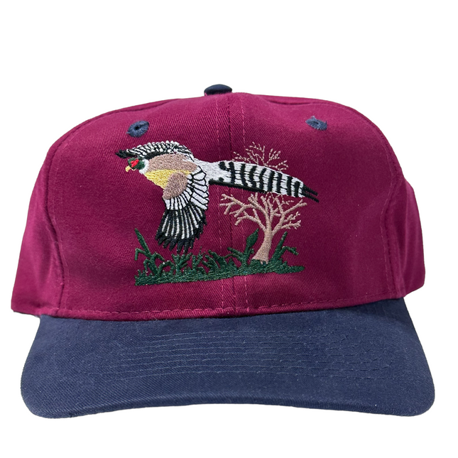Pheasant on a Vintage Burgundy Mid Crown Strapback Cap Hat Custom Embroidered