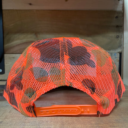 Old School Hunting Club Leather Patch Orange Camo Mesh SnapBack Hat Cap