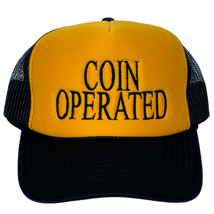 Coin Operated Black Mesh Yellow Crown Trucker Snapback Cap Hat Custom Embroidery