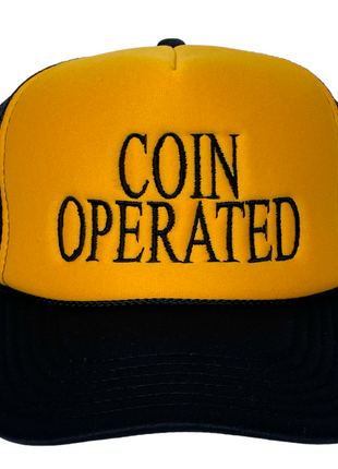 Coin Operated Black Mesh Yellow Crown Trucker Snapback Cap Hat Custom Embroidery