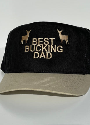 BEST BUCKING DAD Deer Black Crown Tan Brim Strapback Cap Hat For Him Custom Embroidered
