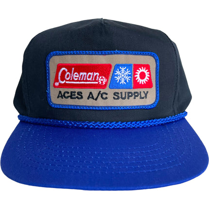 Custom Coleman A/C Supply patch on a black crown blue brim SnapBack Hat Cap with rope