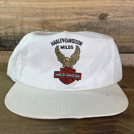 Vintage Harley Davidson Custom Blend Milds White Snapback Cap Made in USA (Few Spots)