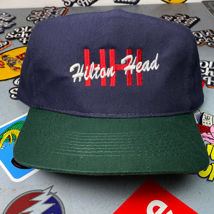 Hilton Head Island Vintage Green Brim Strapback Cap Hat Custom Embroidered