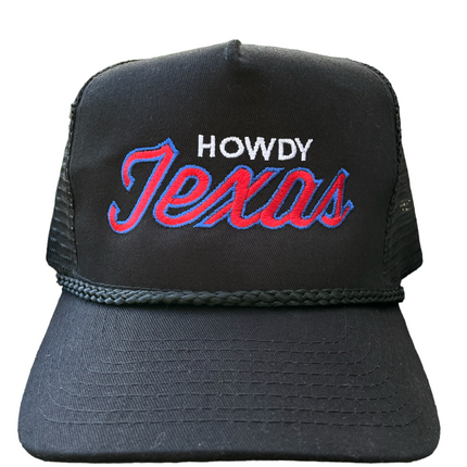 Howdy Texas black rope mesh snapback red white and blue custom embroidered Hat