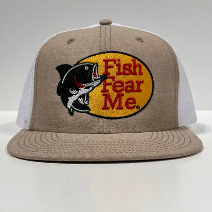 Fish Fear Me Tan White Mesh Trucker SnapBack Cap Hat Bass Fishing Custom Embroidered