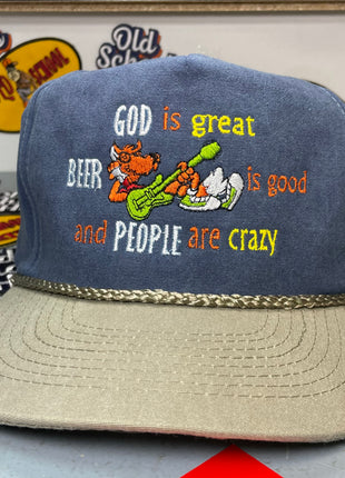 GOD IS GREAT Beer is good People are Crazy Vintage Custom Embroidered Rope Indigo Snapback Cap Hat
