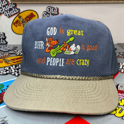 GOD IS GREAT Beer is good People are Crazy Vintage Custom Embroidered Rope Indigo Snapback Cap Hat