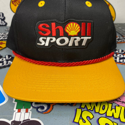 Custom Shell Sport Oil Gasoline Vintage Black Crown Yellow Brim Snapback Hat Cap with Red Rope
