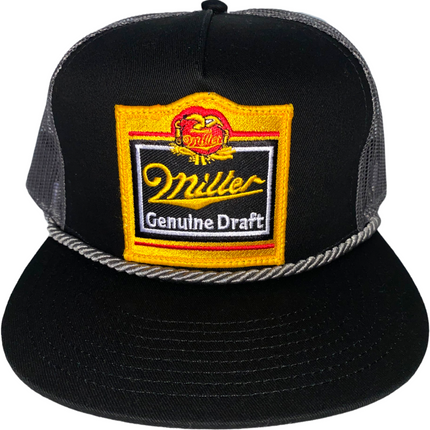 Custom Miller Genuine Draft Beer patch Vintage Black Mid Crown Gray Mesh Snapback Hat Cap with Rope