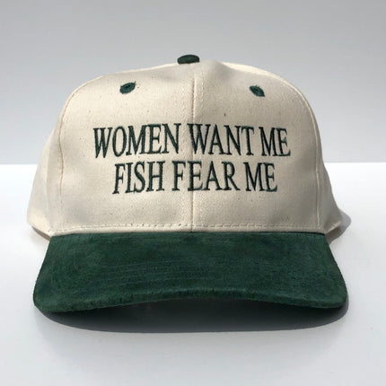 Women want me Fish fear me Green suede embroidered snapback hat