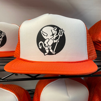 Custom Halloween Devil Boy Vintage White Orange Mesh Trucker Snapback Cap Hat print