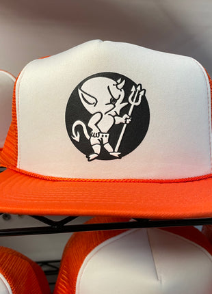 Custom Halloween Devil Boy Vintage White Orange Mesh Trucker Snapback Cap Hat print