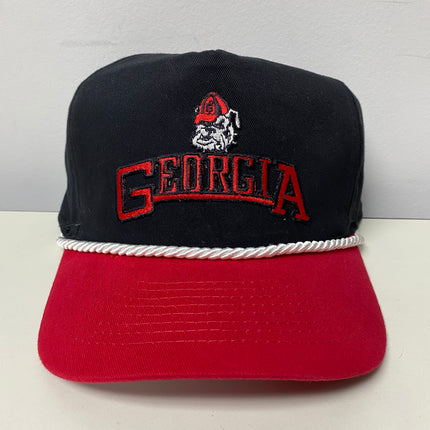 Custom Georgia Bulldog patch Vintage Black Crown Red Brim Strapback Hat Cap with White Rope