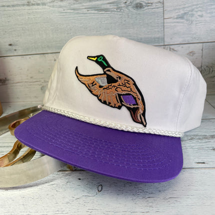 Custom Mallard Duck patch Vintage Purple Brim Rope Flat Snapback Cap Hat
