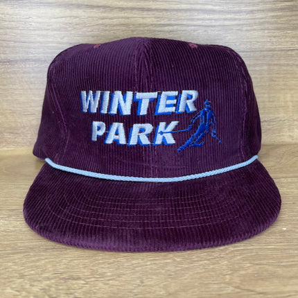 Vintage Winter Park Colorado Ski Dark Raspberry purple/burgundy white Rope Corduroy SnapBack Hat Cap Yupoong