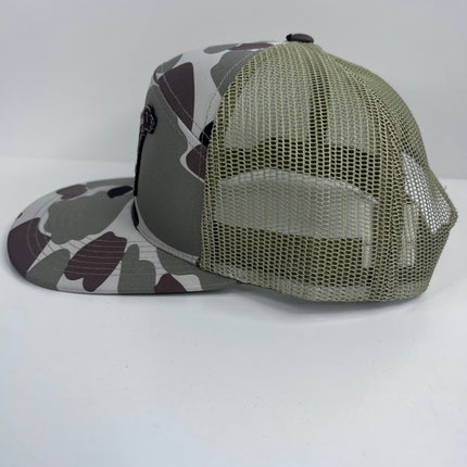 The Leather Head Hat Co Hunting Dog Leather patch 7 Panel Mesh Camouflage SnapBack Hat Cap