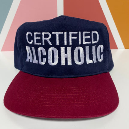 Certified Alcoholic Vintage Mid-High Navy Crown Maroon Brim Strapback Hat Cap Custom Embroidery