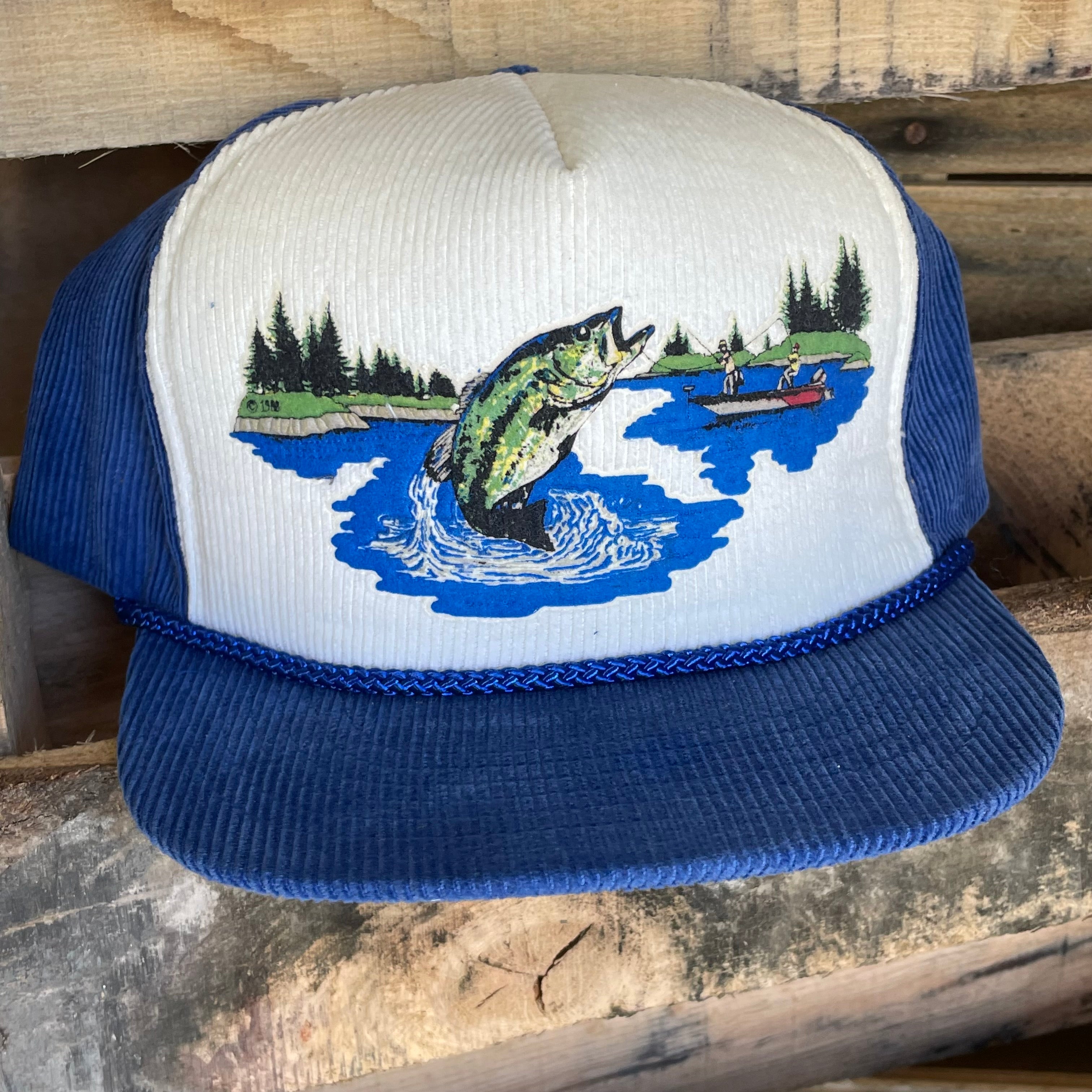 Vintage BASS Fishing Boat Corduroy White Crown & Blue Brim Snapback Cap Hat
