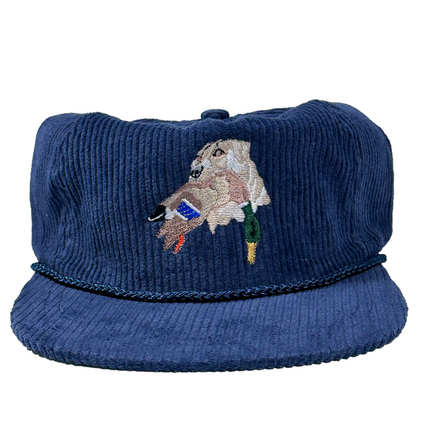 Lab Duck in Mouth Hunting Dog Navy Corduroy Strapback Cap Hat Custom Embroidered