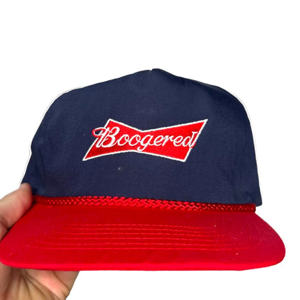 Boogered on a Vintage Red and Blue Zipback Hat Cap Custom Embroidery