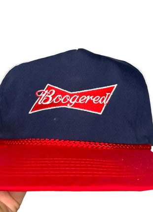 Boogered on a Vintage Red and Blue Zipback Hat Cap Custom Embroidery