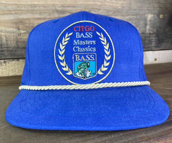Custom BASS MASTER Fishing Vintage Khaki Rope Blue Strapback Cap Hat
