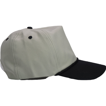 Vintage Khaki Mid Crown Black Brim 5 Panel Unstructured Snapback Hat Cap with Black Rope