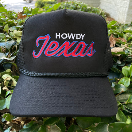 Howdy Texas black rope mesh snapback red white and blue custom embroidered Hat