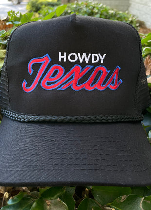 Howdy Texas black rope mesh snapback red white and blue custom embroidered Hat